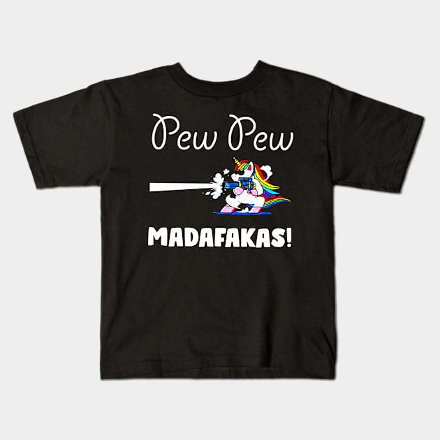 Pew Pew Madafakas Shooting Cool Unicorn In Glasses Kids T-Shirt by harryq3385